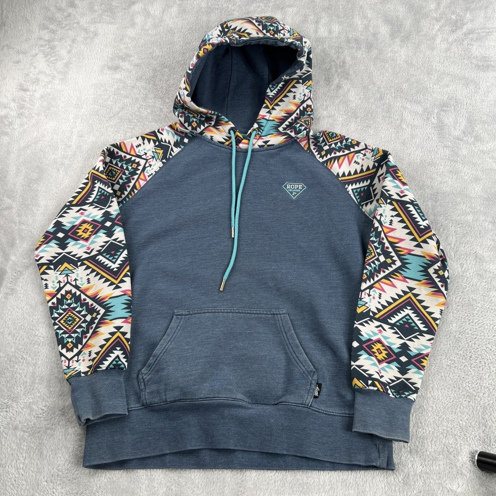 Hooey Aztec Raglan Fleece Hoodie M Blue Western Southwestern Rope Like Girl